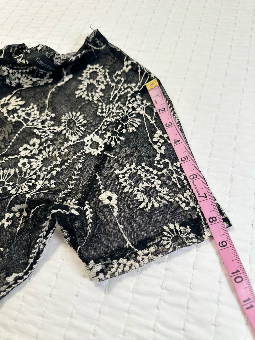 Karen Kane Women’s L Sheer Mesh Black/Cream Embroidered Short Sleeve Top Boho - Picture 10 of 11